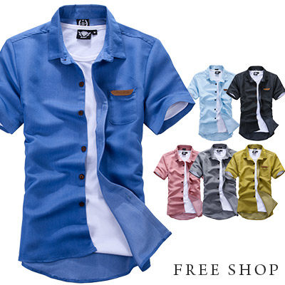 Free Shop【QSPN0006】韓版馬卡龍色系真皮皮標口袋修身剪裁素面短袖襯衫‧六色