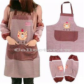 【N16010501】韓版小熊條紋防水圍裙 附袖套 卡通廚房家事圍裙