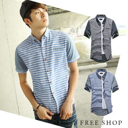 Free Shop【QR20297】日韓系型男雅痞拼布橫條紋反摺設計棉麻材質短袖襯衫‧二色