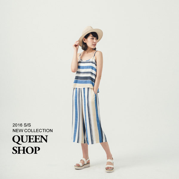 Ｑｕｅｅｎ Ｓｈｏｐ【01082985】民族風粗細條印花細肩上衣寬褲套裝 ＊現貨+預購＊