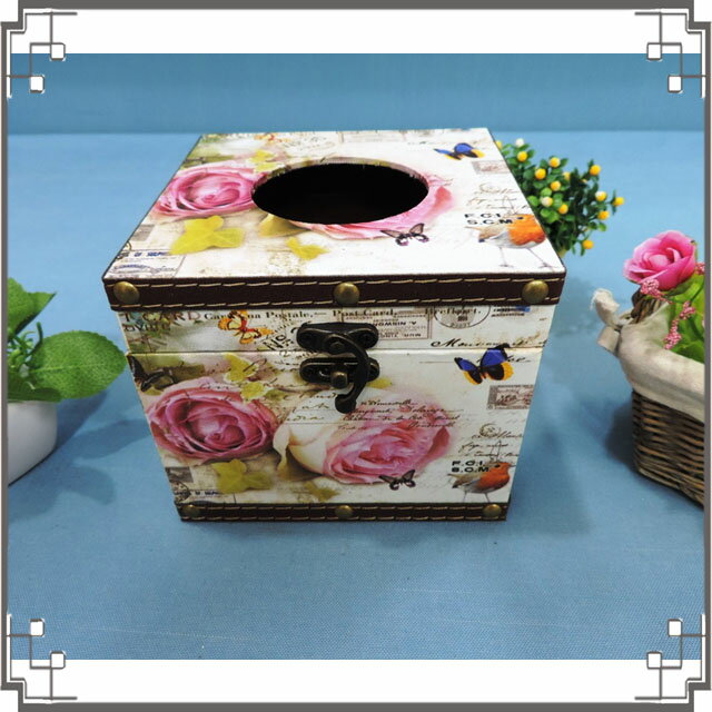 木製帆布方形面紙盒《PC16》蝴蝶玫瑰木製紙巾盒 復古風 餐廳 民宿 居家布置◤彩虹森林◥