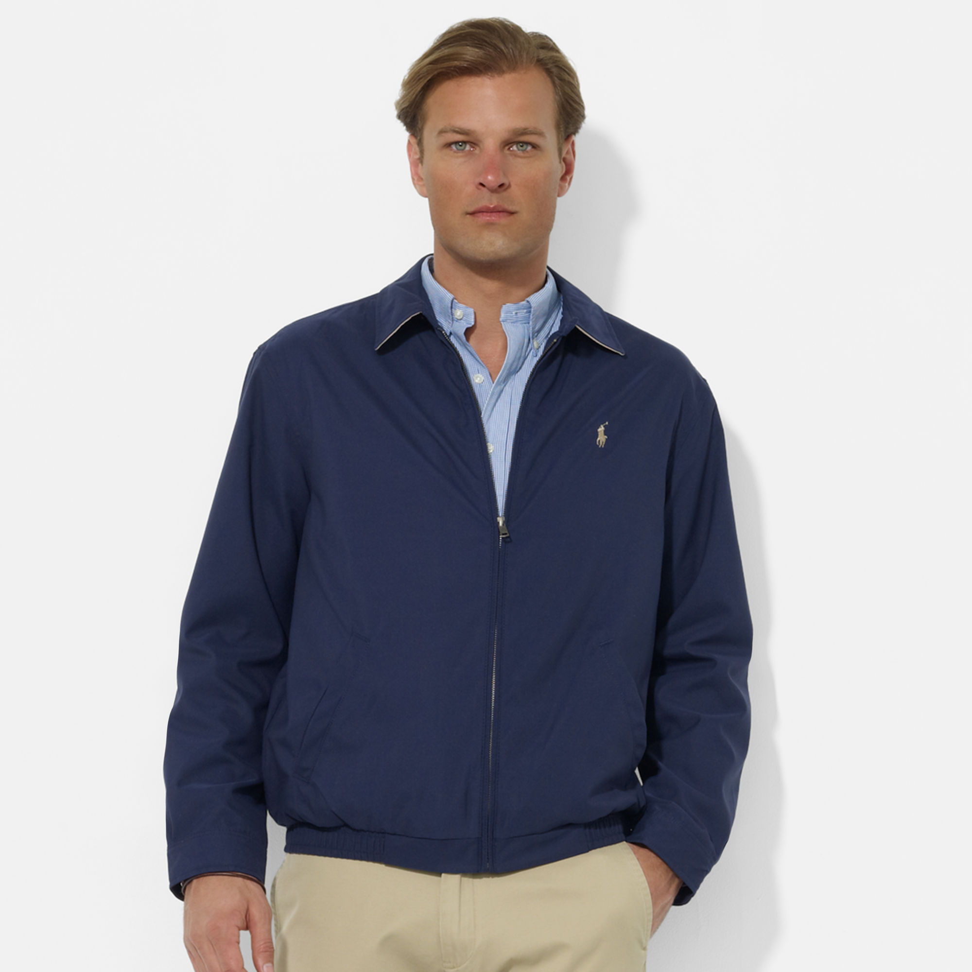 美國百分百【全新真品】Ralph Lauren RL 男 金馬 立領夾克 風衣外套 L號 內格紋款 藍色 B035