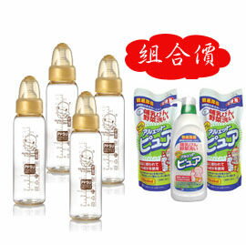 【悅兒樂婦幼用品舘】KU KU 酷咕鴨 PPSU標準奶瓶240mlx4+日本 丹平奶瓶消毒洗潔液(1罐700ml+補充包600ml ×2)