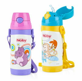 【悅兒樂婦幼用品舘】Nuby 不銹鋼真空背帶水壺-細吸管(360ml)-調皮猴/河馬