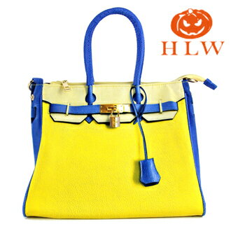 【HLW NY Print Bag 轉印包】設計鉑金系列 S型 藍黃拚色 側(肩)背包 HLW轉印包 綵情時尚精品