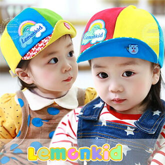 WallFree窩自在春秋可愛活力彩虹格紋拼色釦子兒童翻檐帽