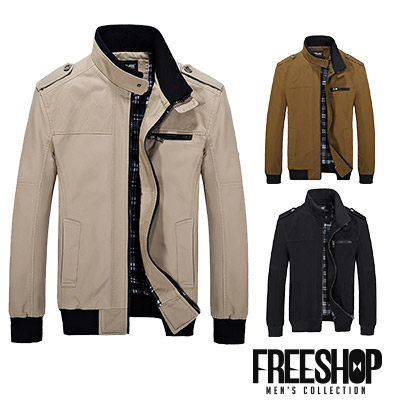 夾克外套 Free Shop【QTJSBL309】日韓風格素色內裏格紋反摺肩扣設計立領外套夾克外套 三色 有大尺碼