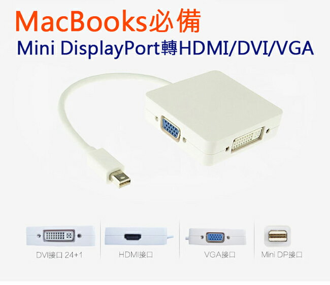 樂達數位 Mini Display DP 轉 HDMI/DVI/VGA 3合1 轉接線  