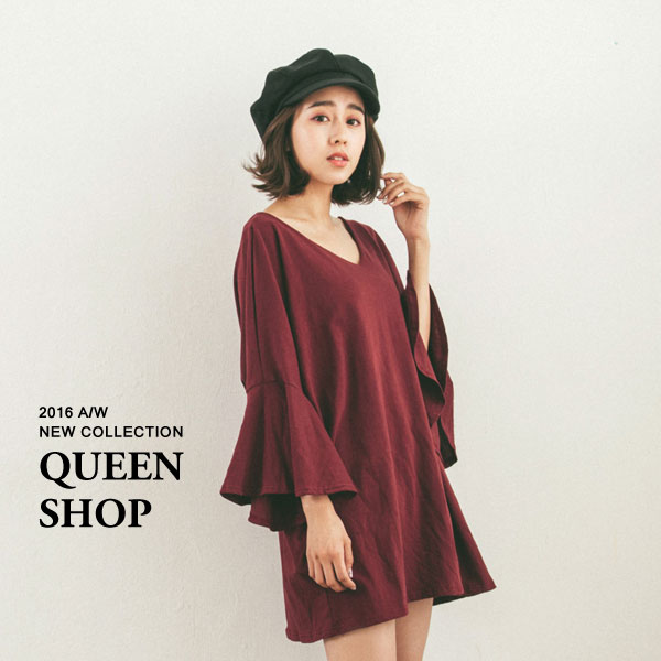 Ｑｕｅｅｎ Ｓｈｏｐ【01094149】前後Ｖ領荷葉袖長版上衣 兩色售＊現貨+預購＊