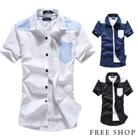Free Shop【QMD50075】日韓風格黑扣雙色拼接口袋素面修身立領短袖襯衫‧三色