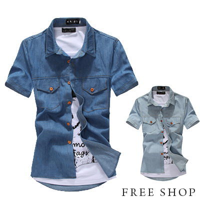 Free Shop【QTJC309】日韓系翻蓋雙口袋質感木釦單寧牛仔襯衫短袖襯衫工作襯衫‧二色
