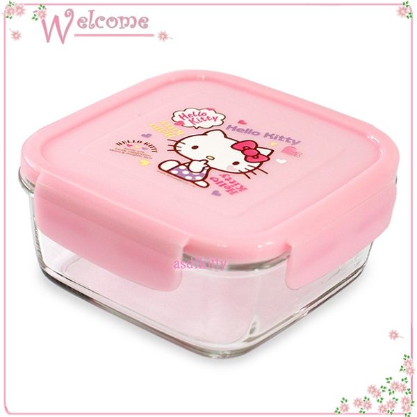 廚房【asdfkitty】 KITTY眨眼樂扣玻璃保鮮盒/便當盒-正方形760ML-可微波-韓國版