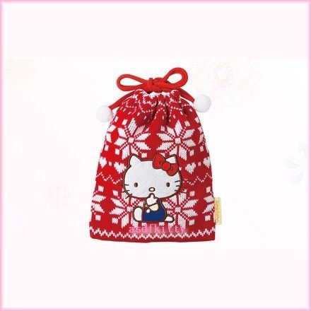 個人用品【asdfkitty可愛家】kitty紅底白雪花針織束口袋/禮物袋/可當聖誕樹掛飾-日本正版
