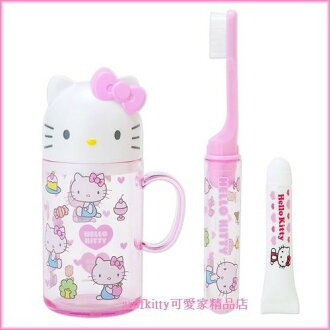衛浴【asdfkitty可愛家】KITTY甜點蛋糕版兒童牙刷牙膏漱口杯隨身組-日本製