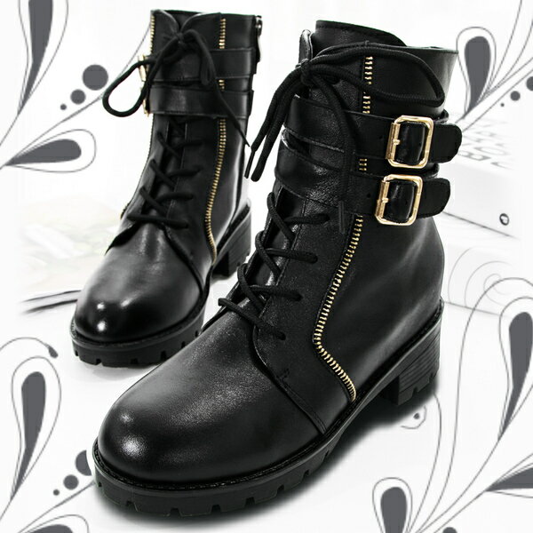 2015魅力新款~韓味한 맛搖滾風格個性女孩皮帶扣短筒內增高平底馬丁靴七天預購+現貨