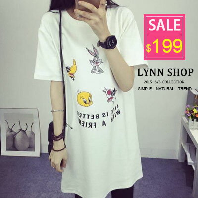 Lynn Shop 【1500099】短袖T恤 彩色卡通動物字母印花圓領短袖T恤 3色 預購