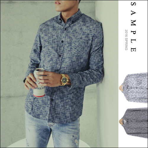 韓國製 長袖襯衫 窄身混刷色黑扣【ST15517】- SAMPLE