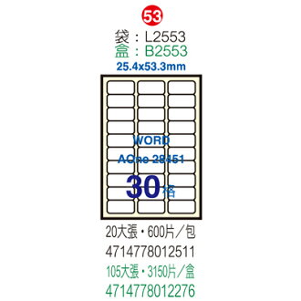 【文具通】B2553 電腦標籤 25.4x53.3m 105入 ASB2553