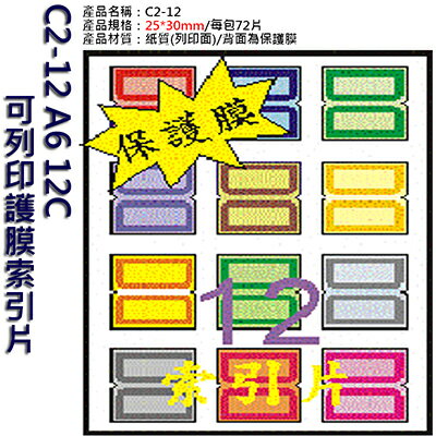 【文具通】C2-12 A6 12C可列印護膜索引片 ASC2-12