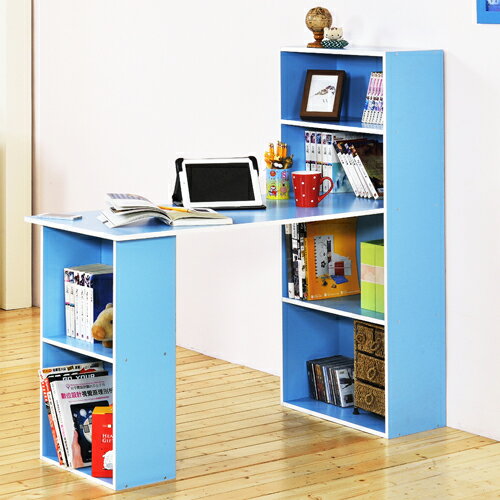 《Hopma》水藍配白水漾4+2書櫃型書桌