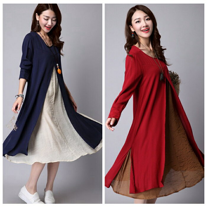 (預購)韓版雙色假兩件顯瘦長袖連身裙
