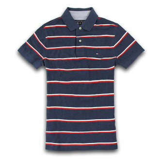 美國百分百【Tommy Hilfiger】Polo衫 TH 短袖 上衣 條紋 網眼 白 紅 復古 藏藍 XS號 F270