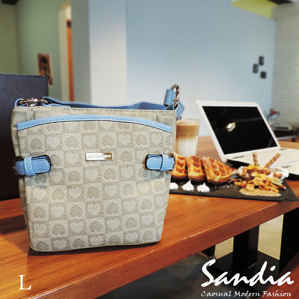 Sandia POLO優雅心型緹花系-方形多層飾條手提肩背包-藍色(L)