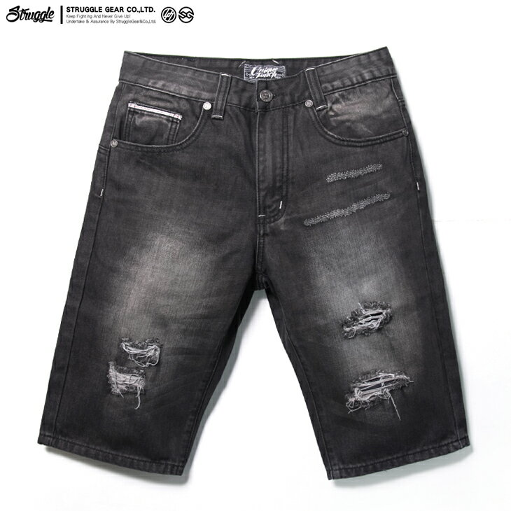 【StruggleGear】街頭破壞造型牛仔短褲「黑色」99226