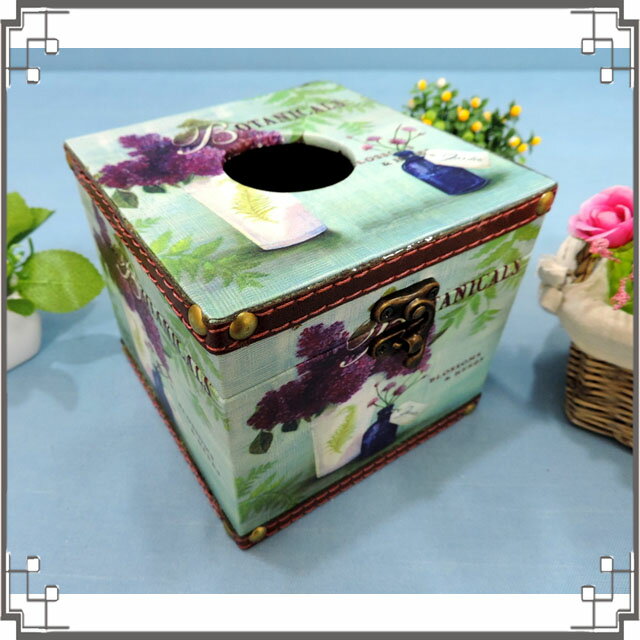 木製皮革方形面紙盒《LC7》鄉村花朵貼皮紙巾盒 收納盒 居家布置◤彩虹森林◥