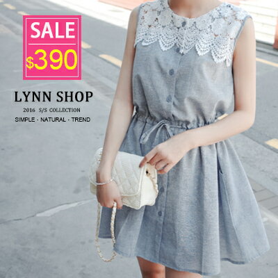 Lynn Shop 【1500048】無袖洋裝 肩蕾絲拼接棉麻無袖洋裝 預購