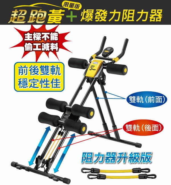 【洛克馬品質保證】五分鐘健腹器超跑黃限定版+爆發力阻力器2入 阻力升級36磅 雙向雙軌支撐平穩 六顆耐壓舒適泡綿 保固一年