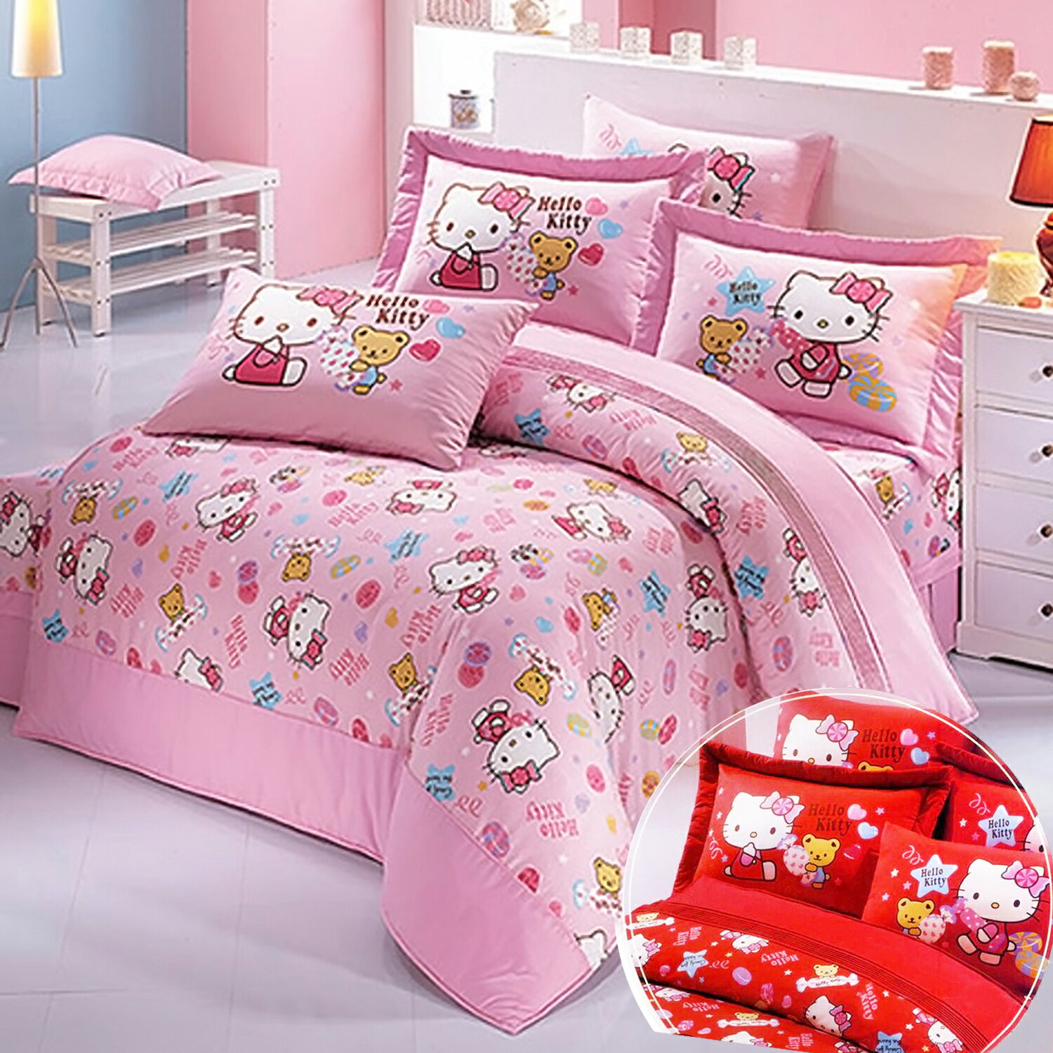 【名流寢飾家居館】Hello Kitty．我的甜心寶貝．100%純棉．加大雙人床包組兩用鋪棉被套全套