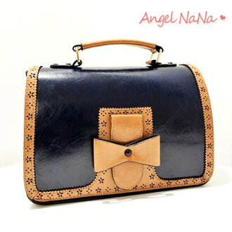 AngelNaNa【B046】韓版小清新甜美蝴蝶結包包 鏤空 撞色 手提包單肩 斜背女包
