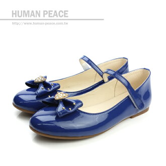 小淑女鞋 亮皮 蝴蝶結 舒適 魔鬼氈 好穿脫 戶外休閒鞋 藍 大童 no130
