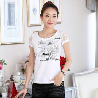 *ORead*蕾絲剪接印花打底衫短袖T恤(白色S~2XL)