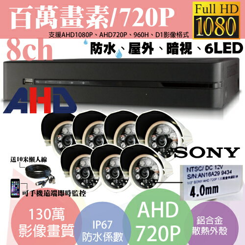高雄監視器/百萬畫素1080P主機 AHD/到府安裝/8ch監視器/130萬管型攝影機720P*7支(標準安裝)