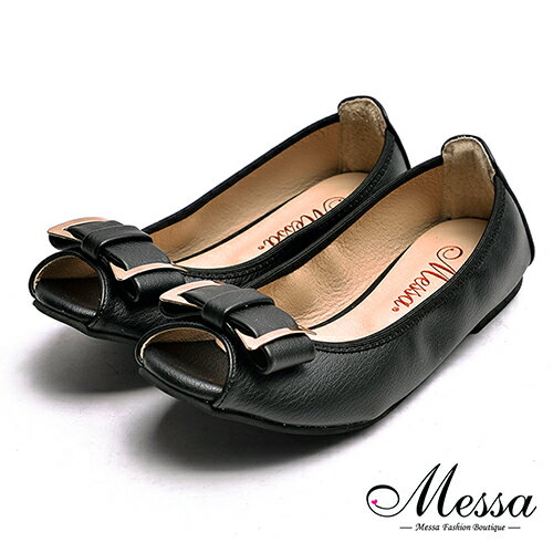 【Messa米莎專櫃女鞋】MIT柔軟彎曲蝴蝶結內真皮平底魚口鞋-黑色