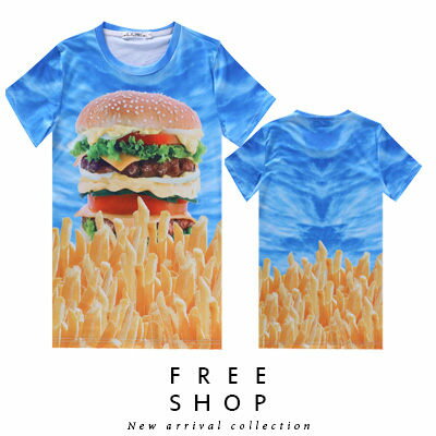 Free Shop【QFSLY2227】日韓美式潮流滿版造型藍天漢堡薯條圓領棉質短T短袖上衣潮T