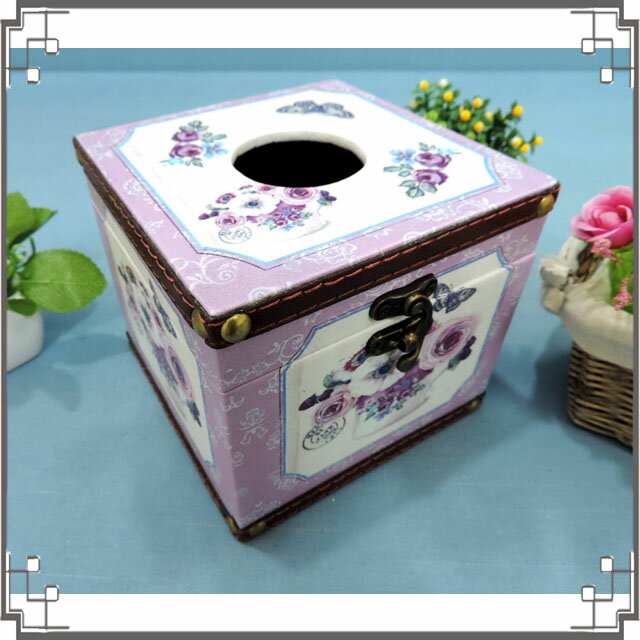 木製皮革方形面紙盒《LC14》鄉村花朵貼皮紙巾盒 收納盒 居家布置◤彩虹森林◥