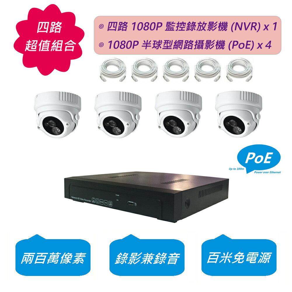 四路超值組合: 一部 1080P 四路監控錄放影機 (NVR) + 四部 1080P 半球型網路攝影機 (PoE)