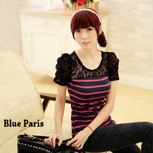 短袖上衣 - 氣質條紋公主蕾絲短袖上衣《4色》【11A01】藍色巴黎-現貨商品