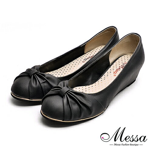 【Messa米莎專櫃女鞋】MIT優雅扭結金屬夾心內增高娃娃鞋-黑色