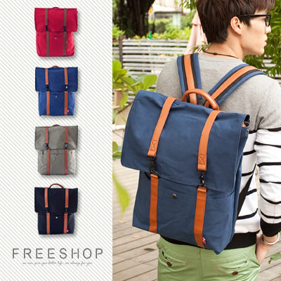 Free Shop【QI9957】韓版大容量皮革拼接硬挺帆布多層次背帶方形後背包