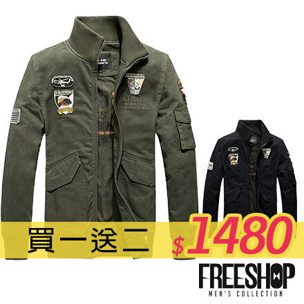 立領外套 Free Shop【QTJ8302】買一送二(圍巾+上衣) 美式軍裝風電繡貼布造型立領外套飛行員夾克外套 二色 有大尺碼