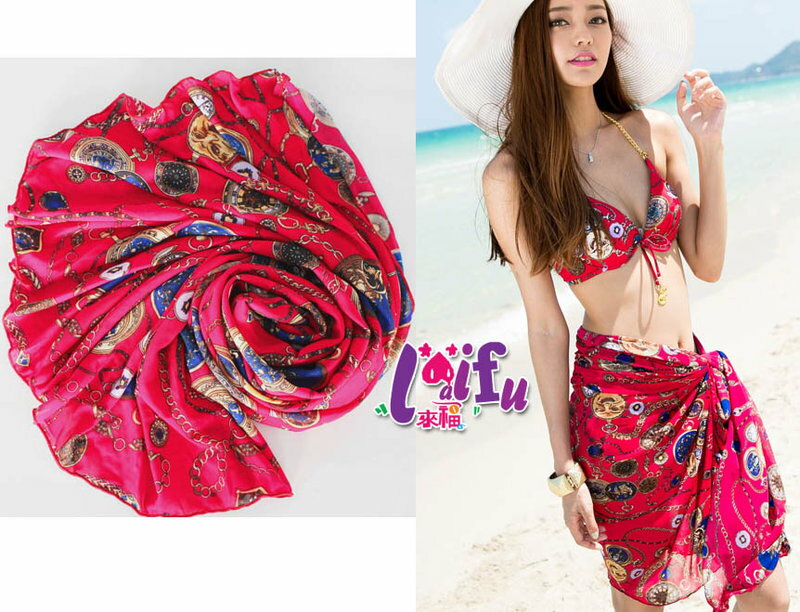 ＊來福＊V79紅色花紋披裙泳衣比基尼泳裝單售披紗，售價480元