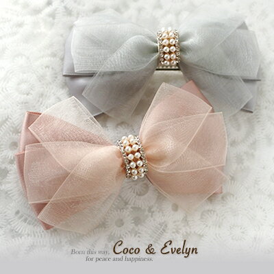 珍珠綴水鑽蝴蝶結緞帶網紗手工飾品髮夾 -Coco & Evelyn