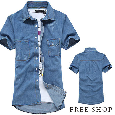 Free Shop【QTJDC03】日韓時尚風格雅痞紳士簡約口袋翻蓋修身剪裁單寧短袖襯衫牛仔襯衫