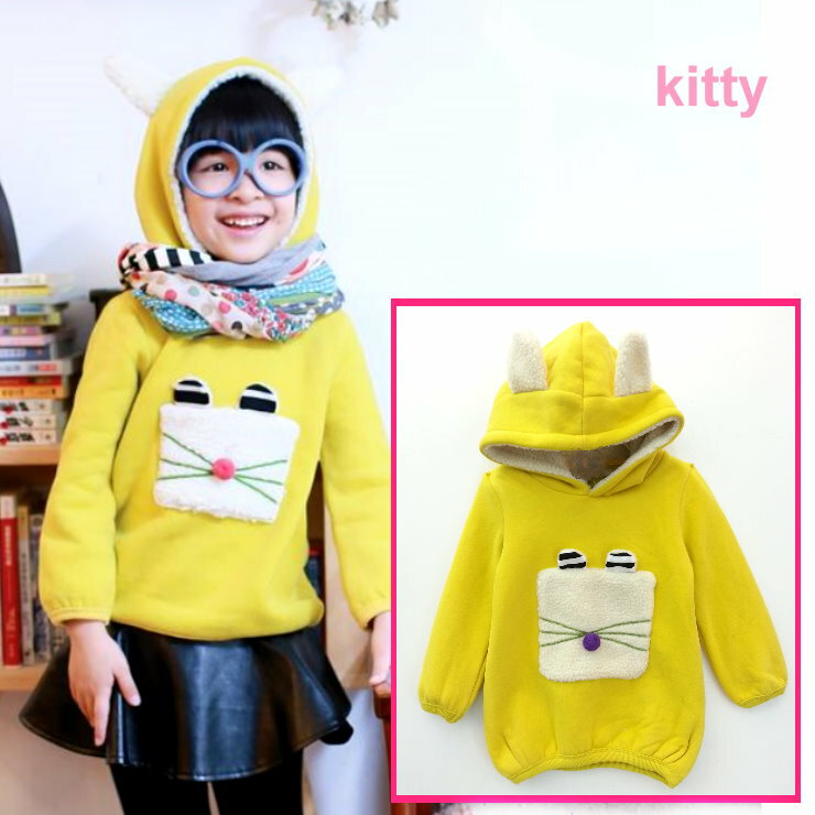 【班比納精品童裝】內刷毛貓咪造型連帽T-黃