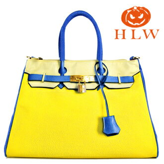 【HLW NY Print Bag 轉印包】設計鉑金系列 M型 藍黃拚色 側(肩)背包 HLW轉印包 綵情時尚精品
