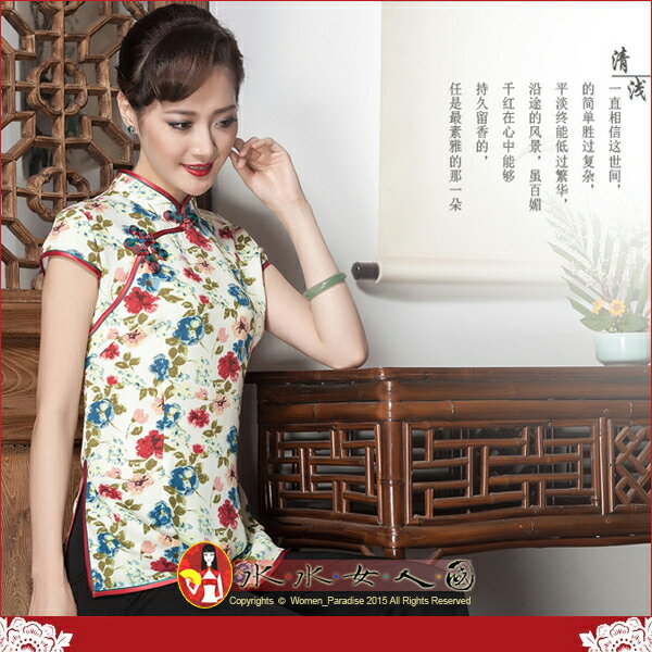 【水水女人國】～復古中國風美穿在身～花景。古典印花質優雪紡短袖唐裝上衣